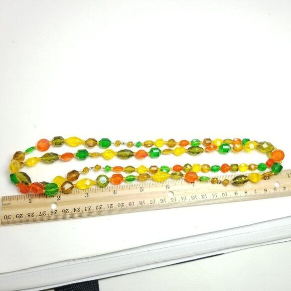 Vintage Long Beaded Single Strand Yellow Green Orange Plastic Necklace, 60s 70s - Picture 4 of 6